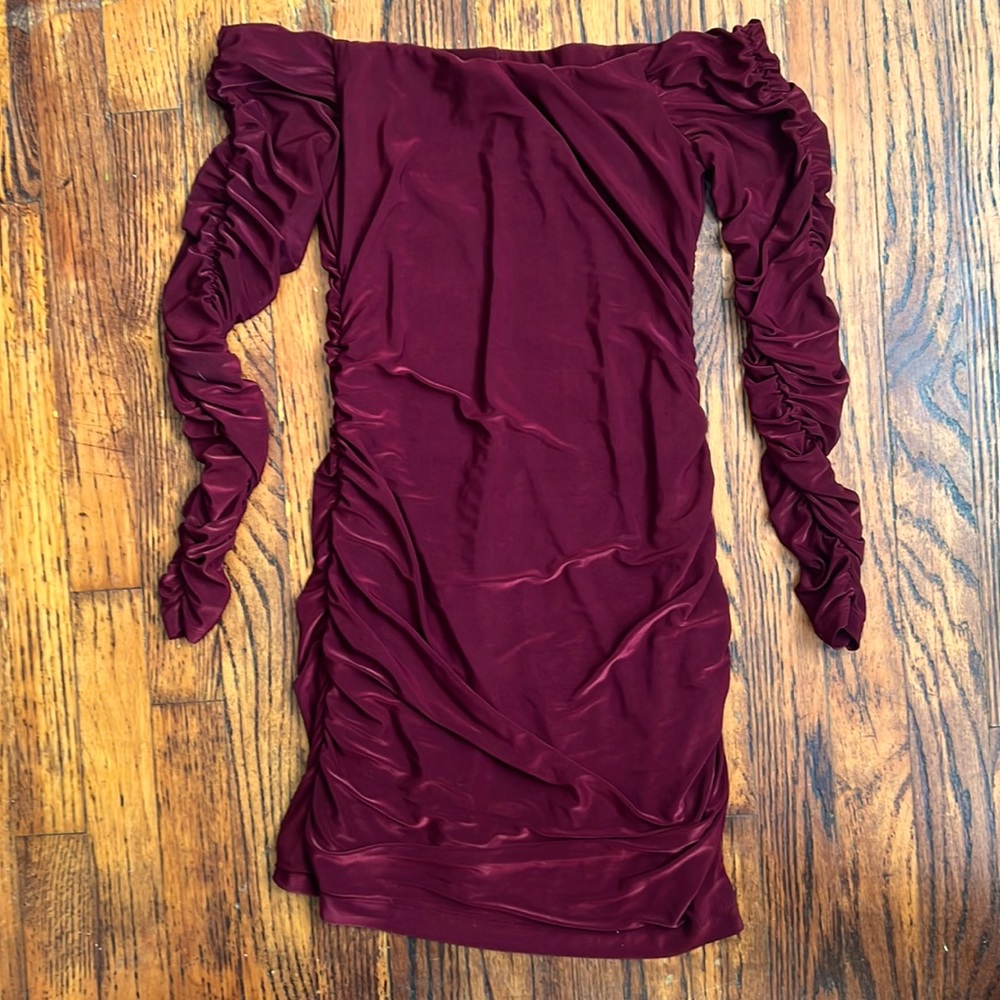 B. Darlin Long Sleeve Off-The-Shoulder Ruched Dress